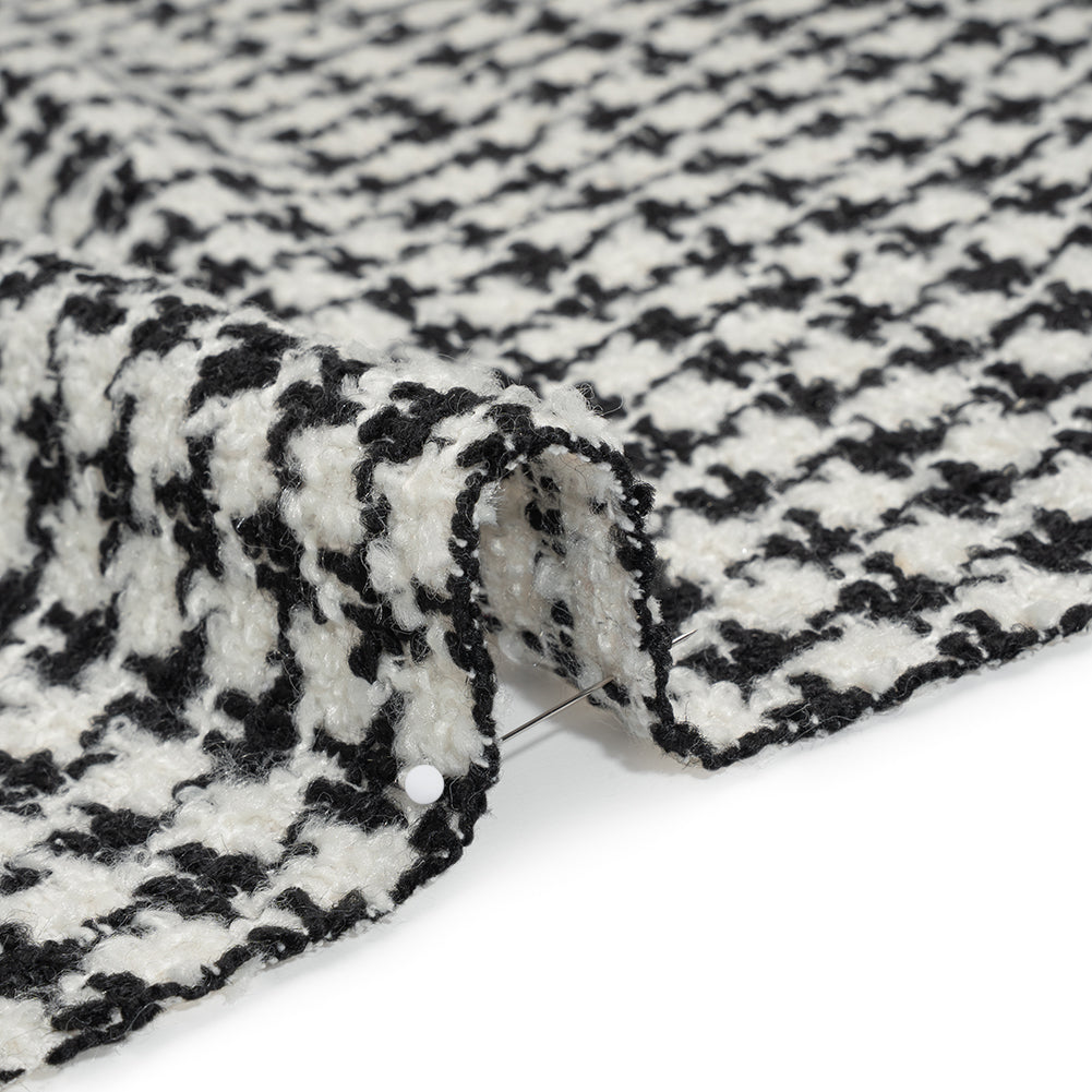Polyester Boucle Tweed with Metallic Accents - Black and White Houndstooth Check - Deadstock Detail