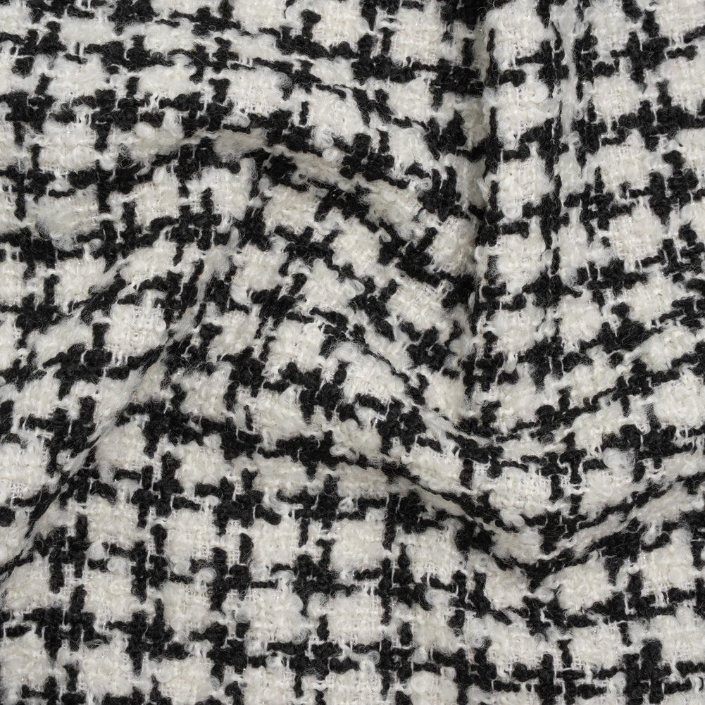 Polyester Boucle Tweed with Metallic Accents - Black and White Houndstooth Check - Deadstock