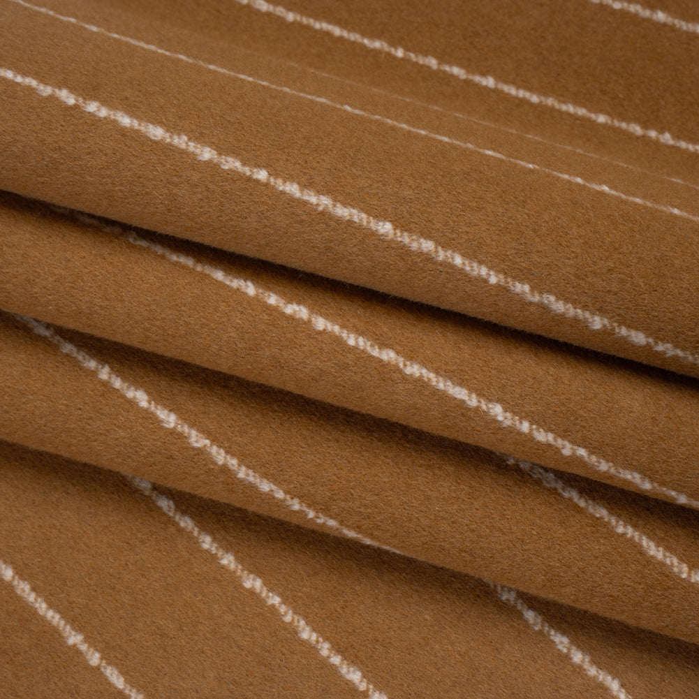 Brushed Wool Blend Double Cloth Twill Coating - Camel Brown and White Textured Chalk Stripes - Deadstock Folded