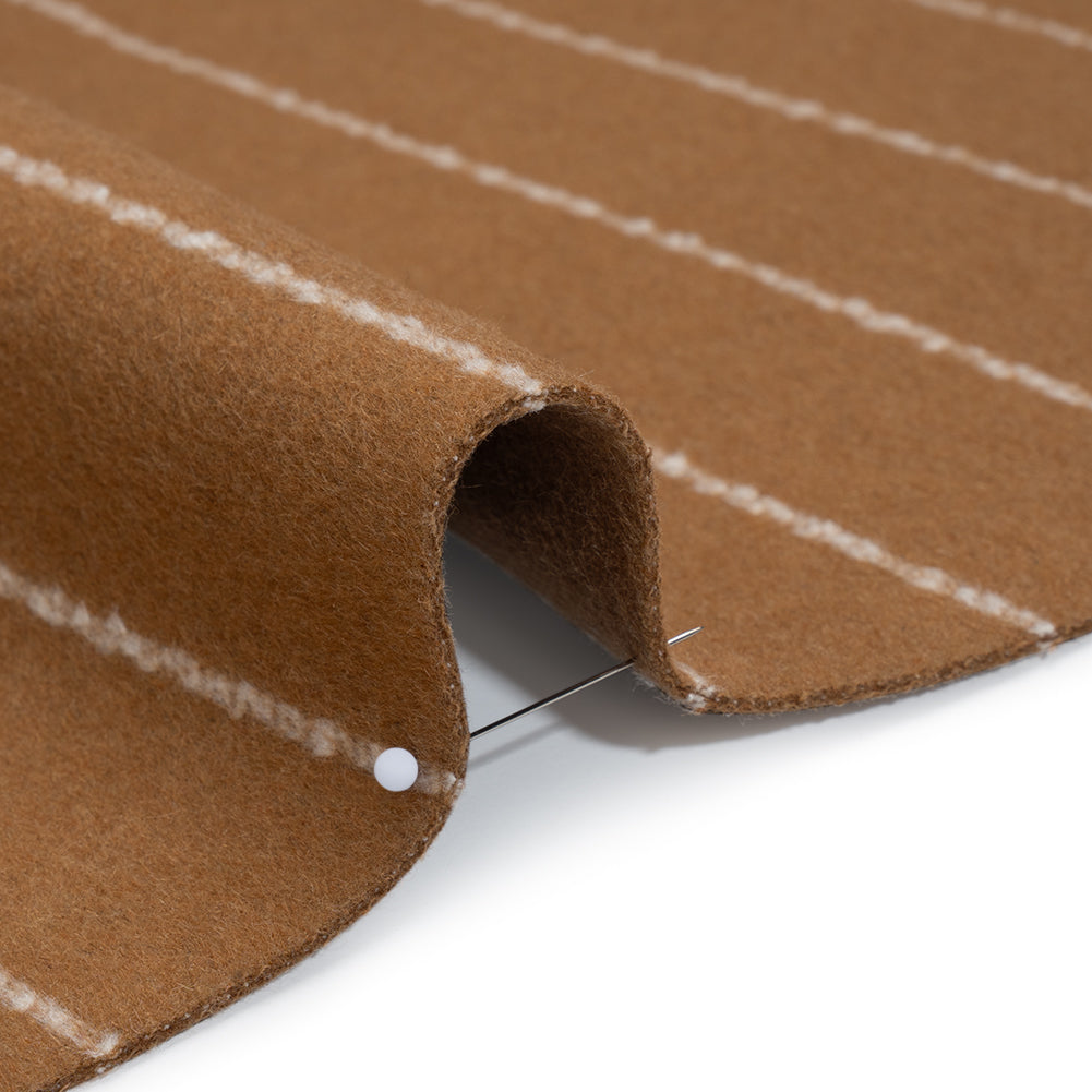 Brushed Wool Blend Double Cloth Twill Coating - Camel Brown and White Textured Chalk Stripes - Deadstock Detail