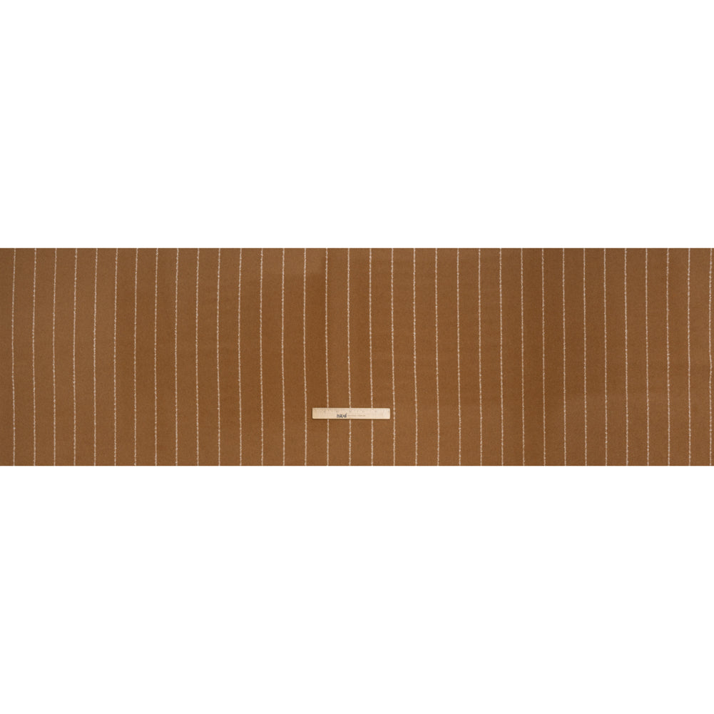 Brushed Wool Blend Double Cloth Twill Coating - Camel Brown and White Textured Chalk Stripes - Deadstock - Full