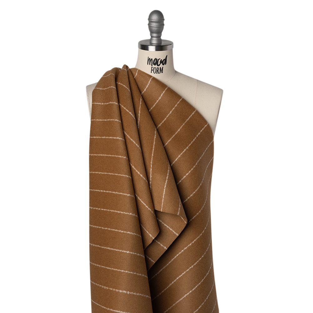 Brushed Wool Blend Double Cloth Twill Coating - Camel Brown and White Textured Chalk Stripes - Deadstock Drape
