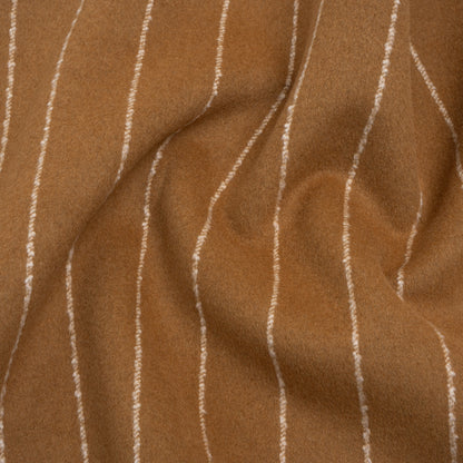 Brushed Wool Blend Double Cloth Twill Coating - Camel Brown and White Textured Chalk Stripes - Deadstock