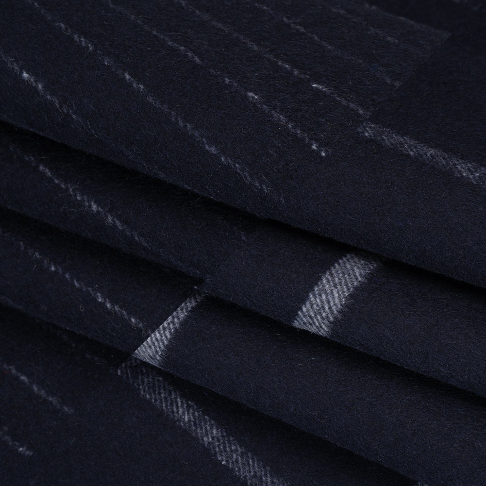 Brushed Wool Blend Double Cloth Coating - Navy Blue and White Chalk Stripes and Windowpane Checks - Deadstock Folded