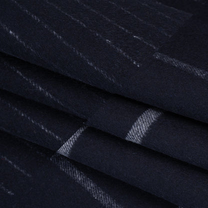 Brushed Wool Blend Double Cloth Coating - Navy Blue and White Chalk Stripes and Windowpane Checks - Deadstock Folded