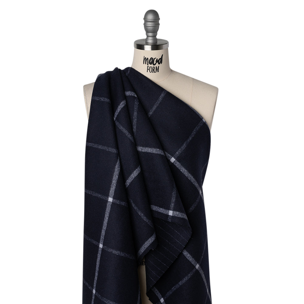Brushed Wool Blend Double Cloth Coating - Navy Blue and White Chalk Stripes and Windowpane Checks - Deadstock Drape
