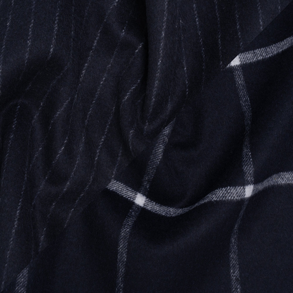 Brushed Wool Blend Double Cloth Coating - Navy Blue and White Chalk Stripes and Windowpane Checks - Deadstock
