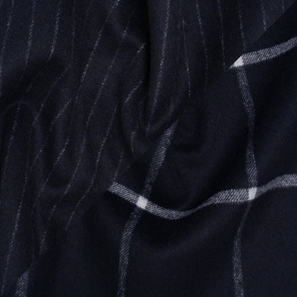 Brushed Wool Blend Double Cloth Coating - Navy Blue and White Chalk Stripes and Windowpane Checks - Deadstock