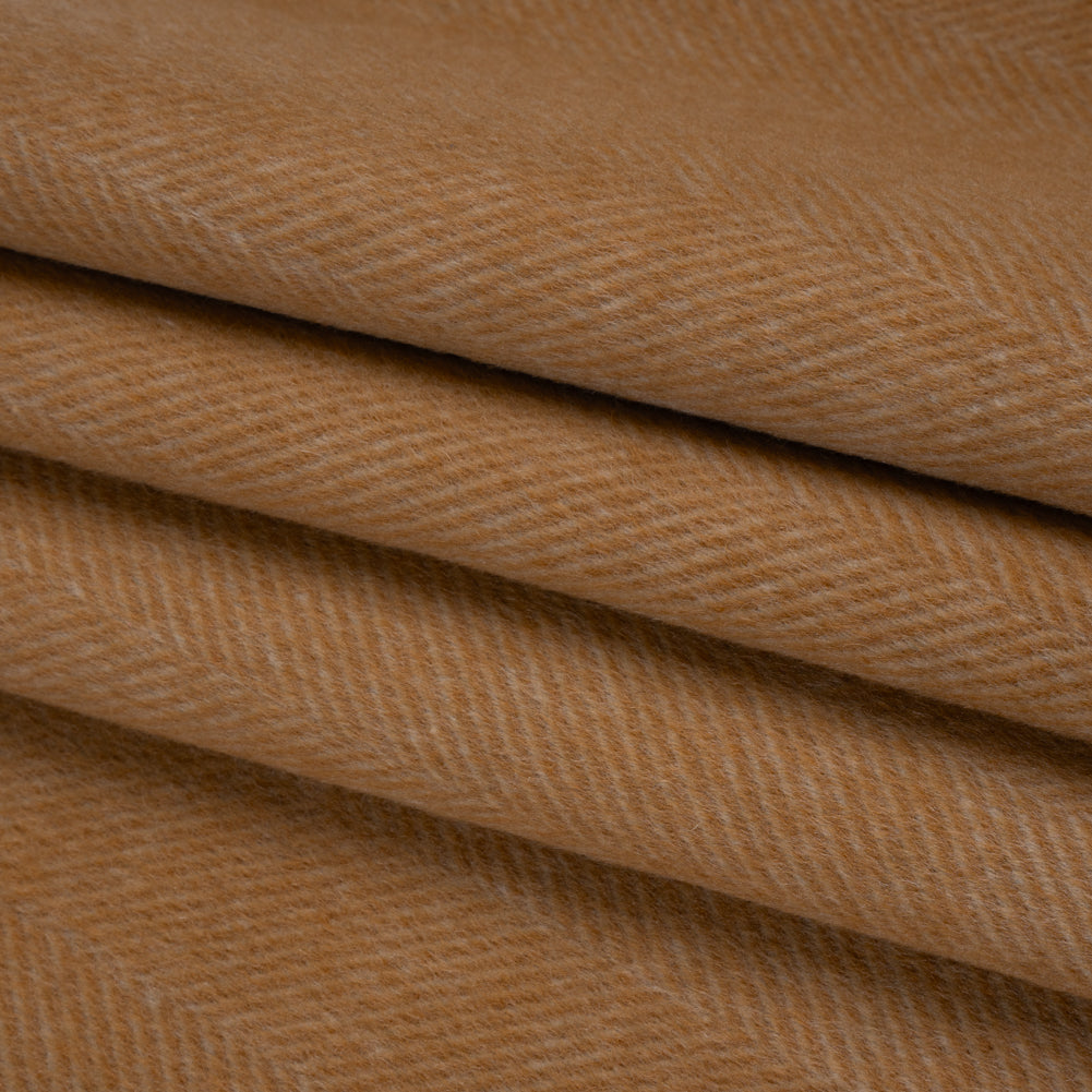 Brushed Wool Blend Twill Double Cloth Coating - Camel Brown and White Herringbone - Deadstock Folded