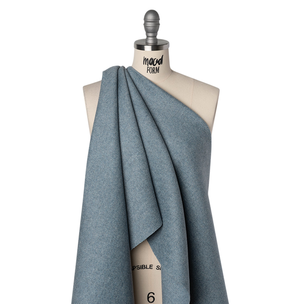 Brushed Wool Blend Twill Double Cloth Coating - White and Light Blue Heathered - Deadstock Drape