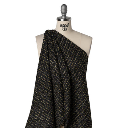 Polyester Tweed with Metallic Accents - Black and Gold Checks - Deadstock Drape