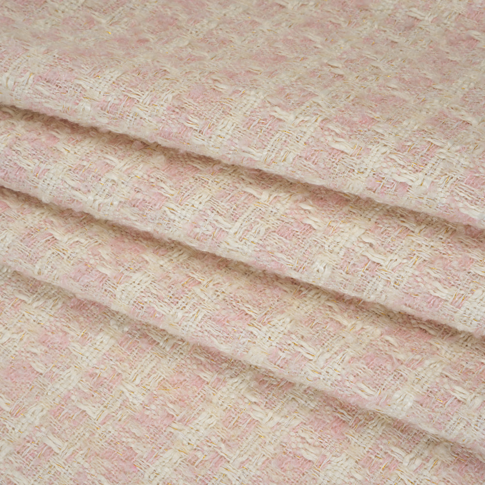 Polyester Boucle Tweed with Metallic Accents - Pale Pink, White and Gold Subtle Checks - Deadstock Folded