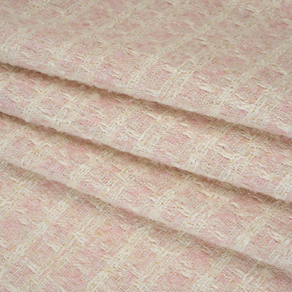Polyester Boucle Tweed with Metallic Accents - Pale Pink, White and Gold Subtle Checks - Deadstock Folded