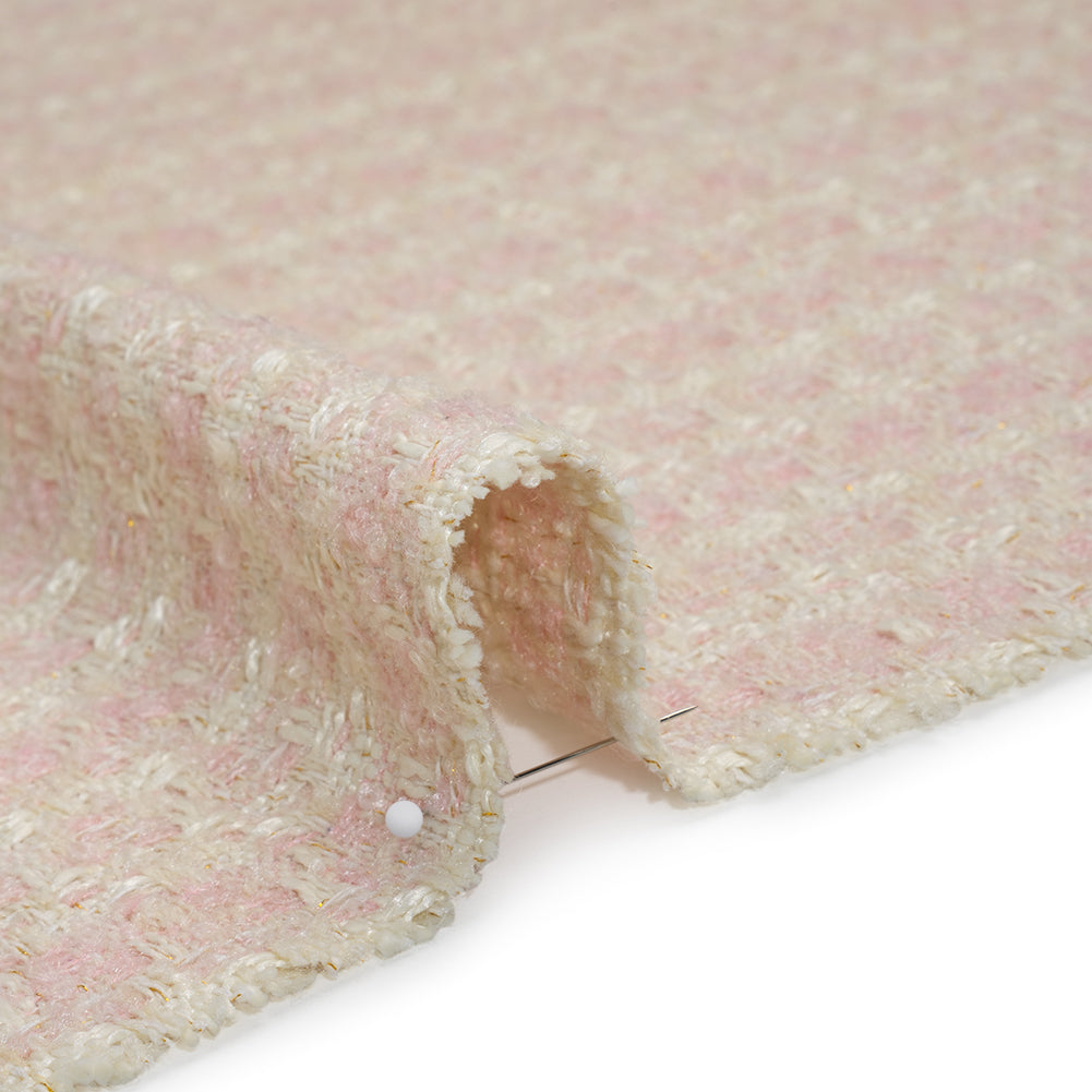 Polyester Boucle Tweed with Metallic Accents - Pale Pink, White and Gold Subtle Checks - Deadstock Detail