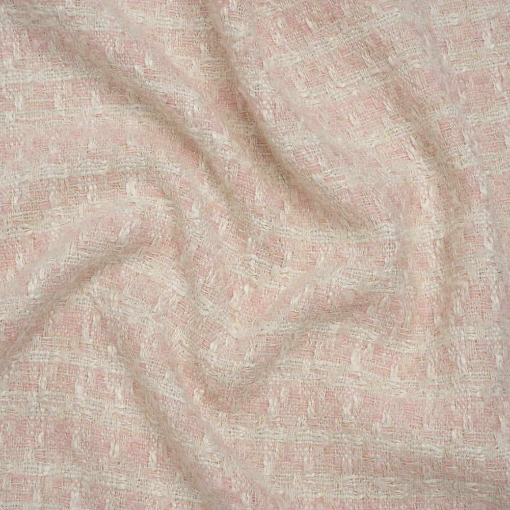 Polyester Boucle Tweed with Metallic Accents - Pale Pink, White and Gold Subtle Checks - Deadstock