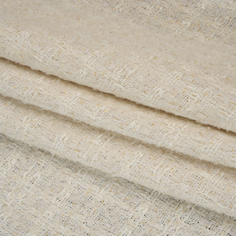 Polyester Boucle Tweed with Metallic Accents - Ivory, White and Gold Subtle Checks - Deadstock Folded