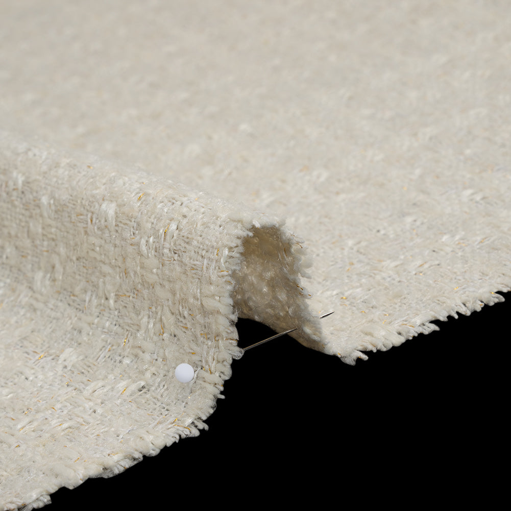 Polyester Boucle Tweed with Metallic Accents - Ivory, White and Gold Subtle Checks - Deadstock Detail