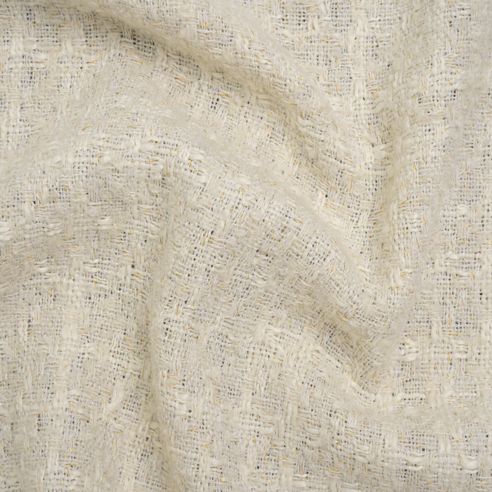 Polyester Boucle Tweed with Metallic Accents - Ivory, White and Gold Subtle Checks - Deadstock