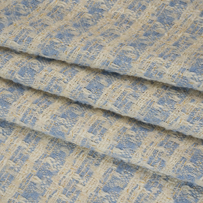 Polyester Boucle Tweed with Metallic Accents - Pale Blue, White and Gold Subtle Checks - Deadstock Folded