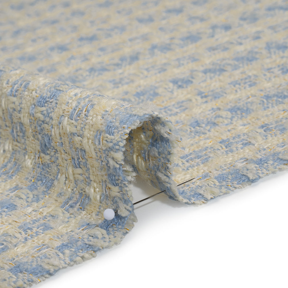 Polyester Boucle Tweed with Metallic Accents - Pale Blue, White and Gold Subtle Checks - Deadstock Detail