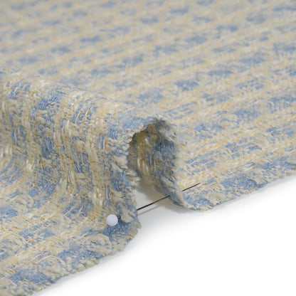 Polyester Boucle Tweed with Metallic Accents - Pale Blue, White and Gold Subtle Checks - Deadstock Detail