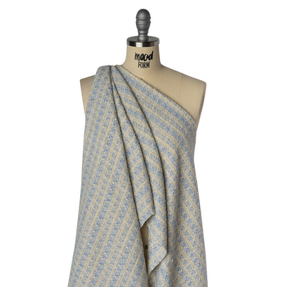 Polyester Boucle Tweed with Metallic Accents - Pale Blue, White and Gold Subtle Checks - Deadstock Drape