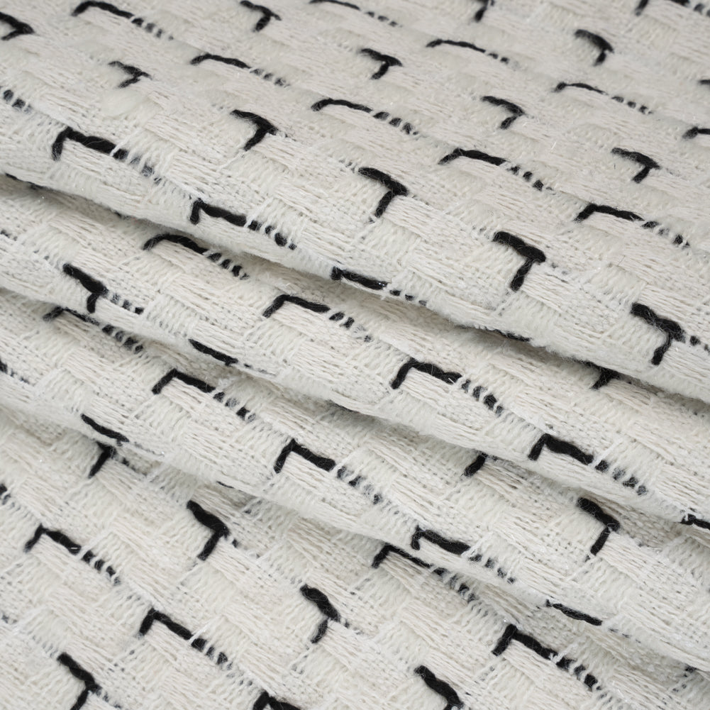 Wool Blend Tweed with Metallic Accents - Off White and Black Plaid Folded