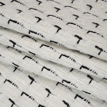 Wool Blend Tweed with Metallic Accents - Off White and Black Plaid Folded