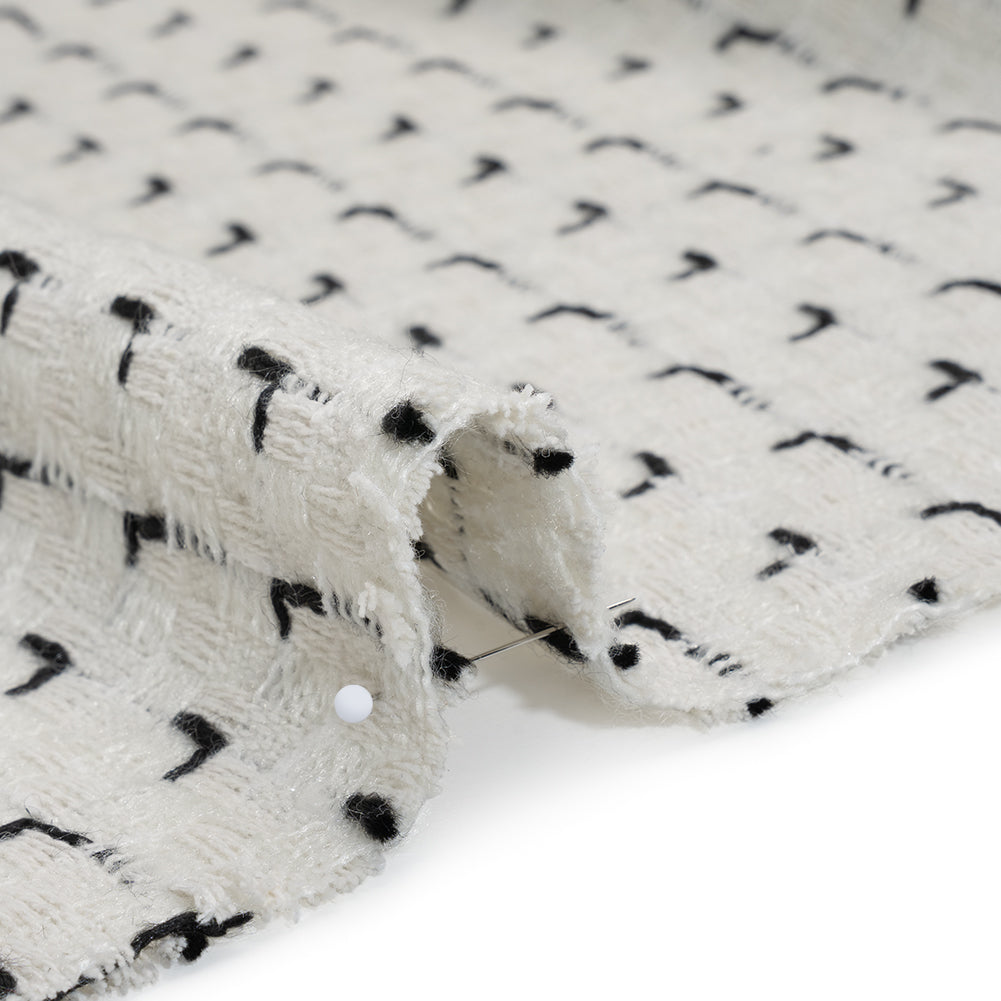 Wool Blend Tweed with Metallic Accents - Off White and Black Plaid Detail