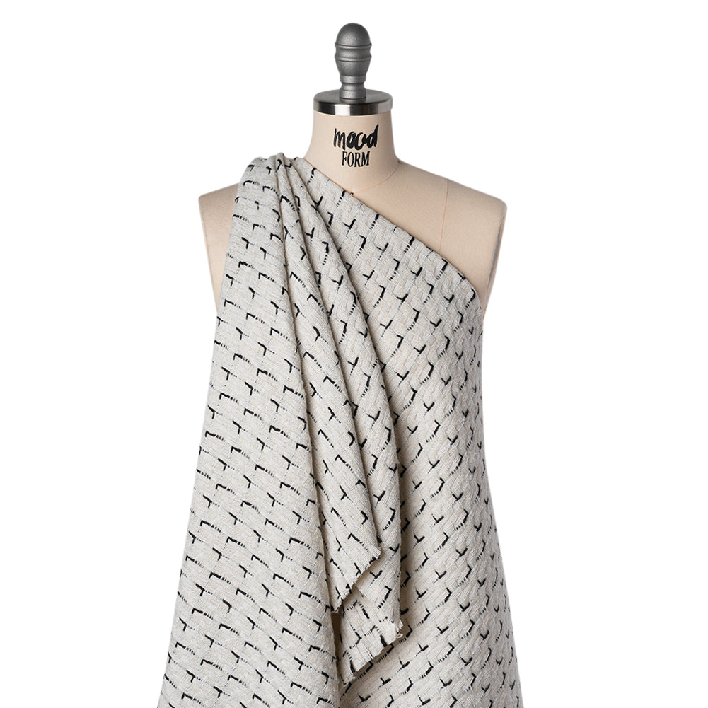 Wool Blend Tweed with Metallic Accents - Off White and Black Plaid Drape