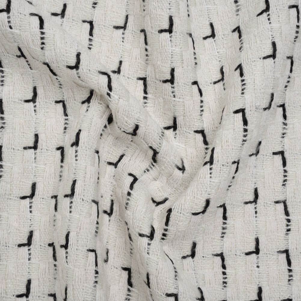 Wool Blend Tweed with Metallic Accents - Off White and Black Plaid