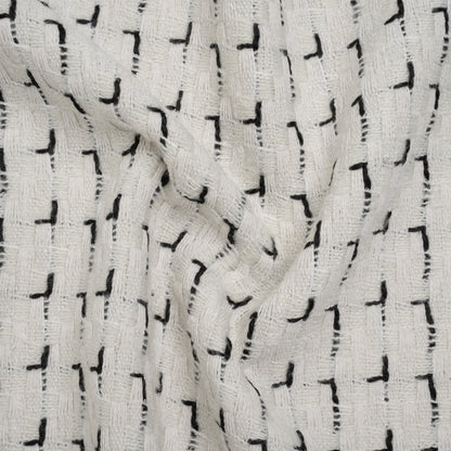 Wool Blend Tweed with Metallic Accents - Off White and Black Plaid