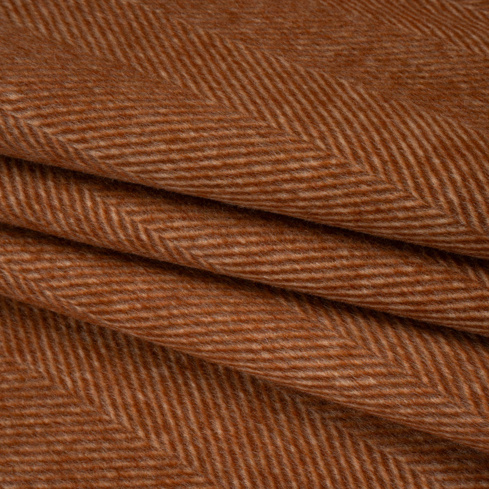 Brushed Wool Blend Twill Double Cloth Coating - Russet Brown and White Herringbone - Deadstock Folded