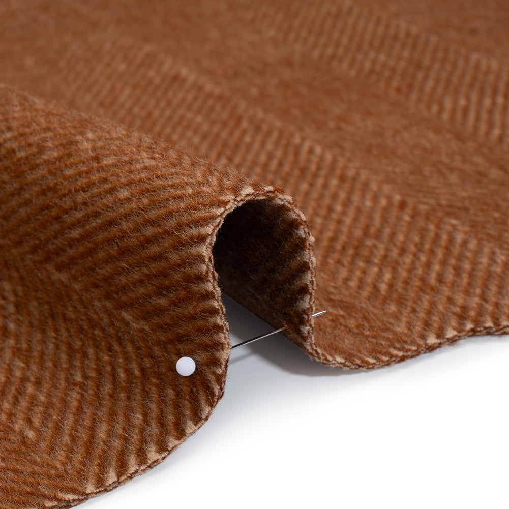 Brushed Wool Blend Twill Double Cloth Coating - Russet Brown and White Herringbone - Deadstock Detail