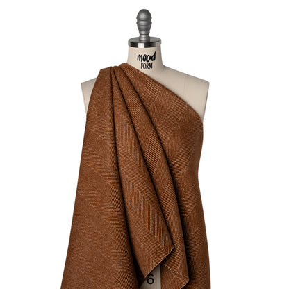 Brushed Wool Blend Twill Double Cloth Coating - Russet Brown and White Herringbone - Deadstock Drape