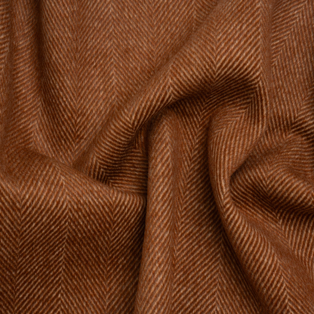 Brushed Wool Blend Twill Double Cloth Coating - Russet Brown and White Herringbone - Deadstock