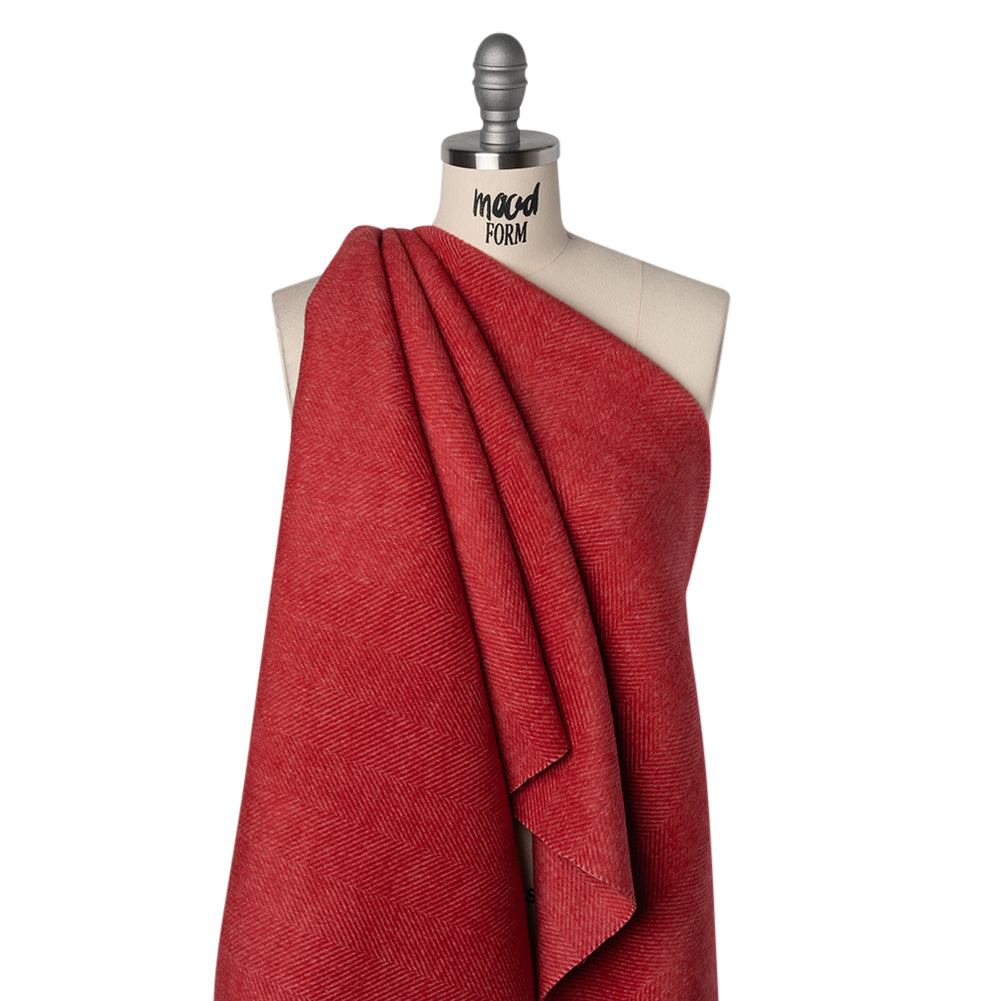 Brushed Wool Blend Twill Double Cloth Coating - Cranberry Red and Pink Herringbone - Deadstock Drape