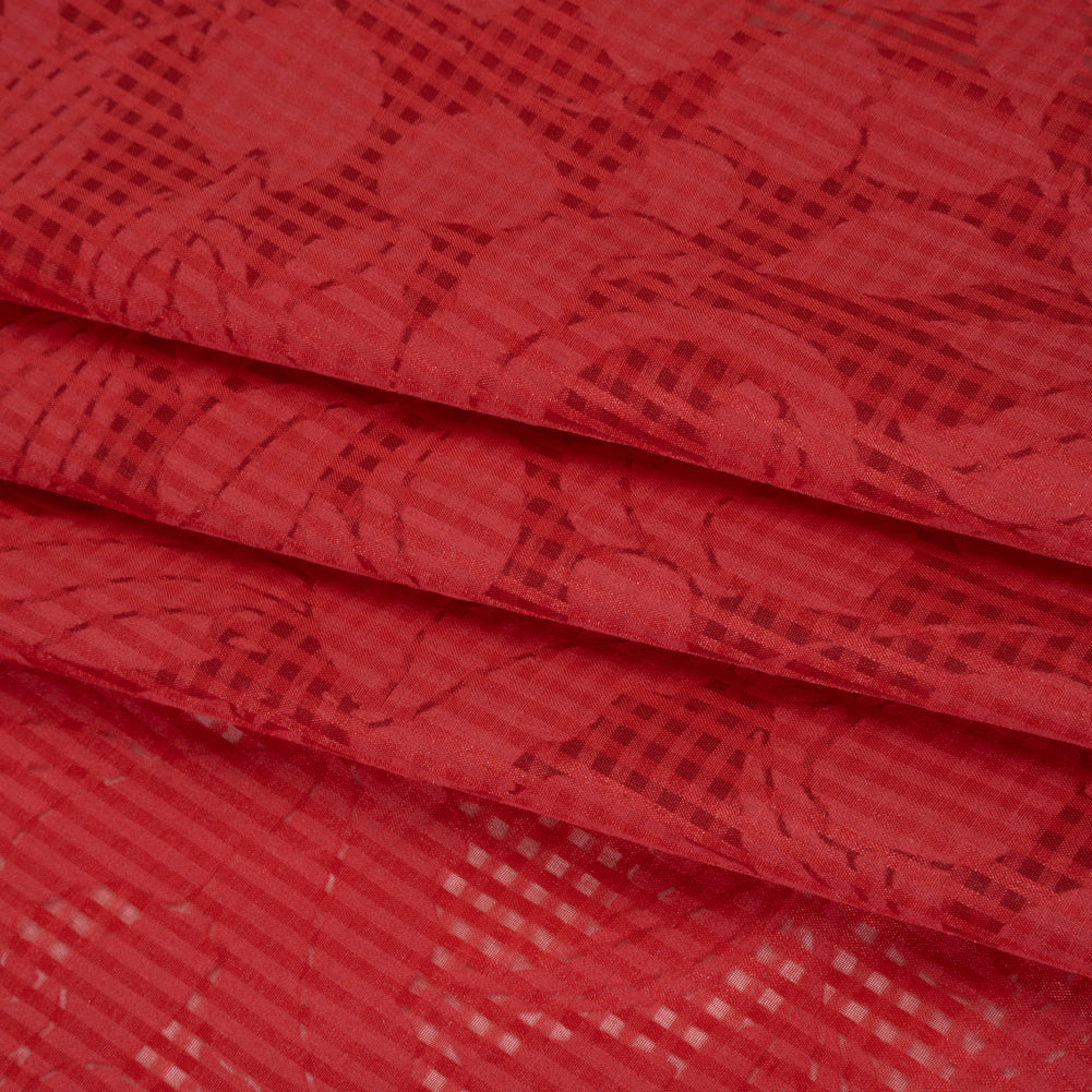 Polyester Burnout Jacquard - Red Floral and Checks - Designer Deadstock Folded