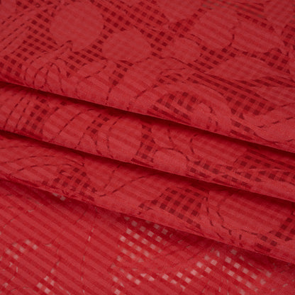 Polyester Burnout Jacquard - Red Floral and Checks - Designer Deadstock Folded