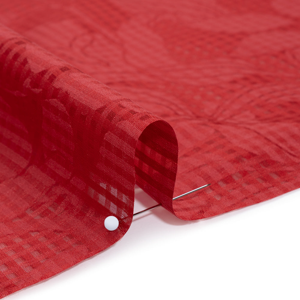 Polyester Burnout Jacquard - Red Floral and Checks - Designer Deadstock Detail