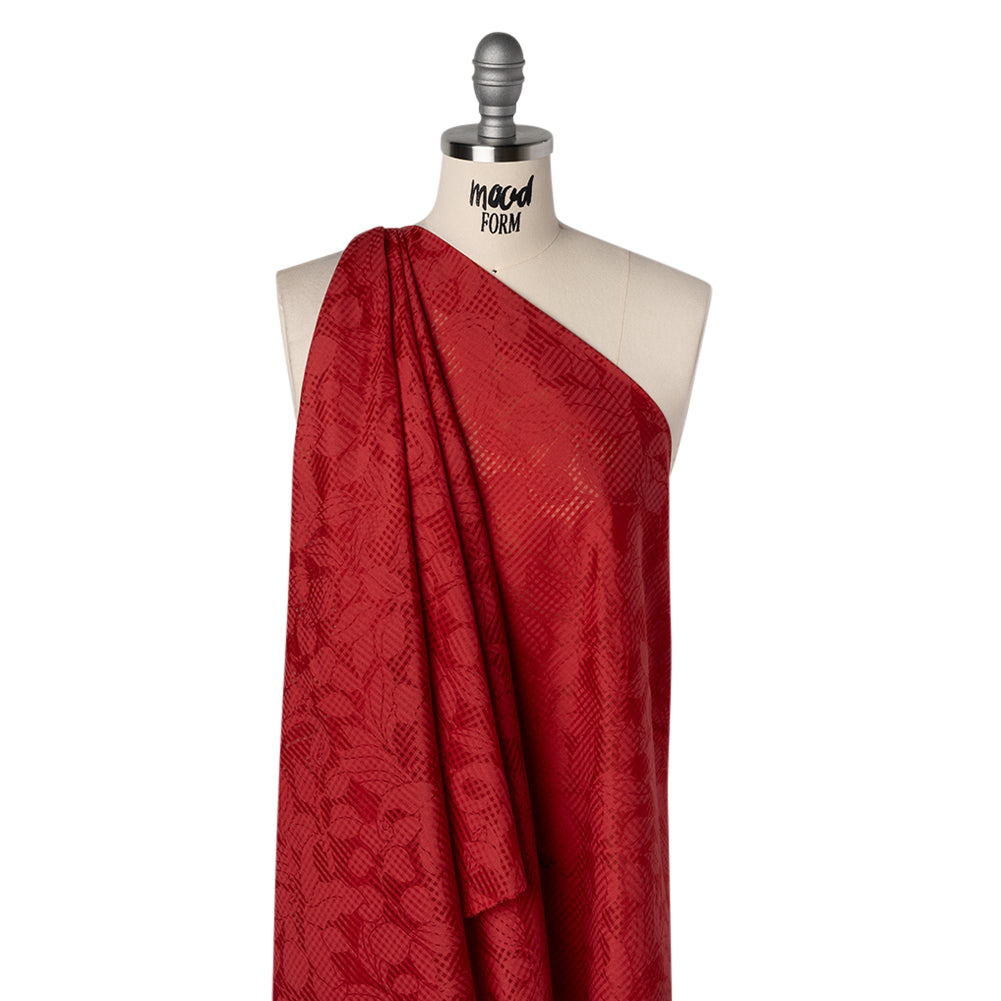 Polyester Burnout Jacquard - Red Floral and Checks - Designer Deadstock Drape