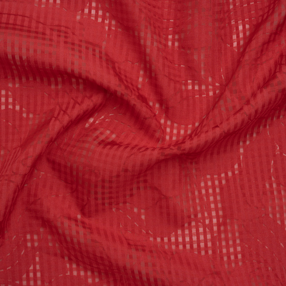 Polyester Burnout Jacquard - Red Floral and Checks - Designer Deadstock