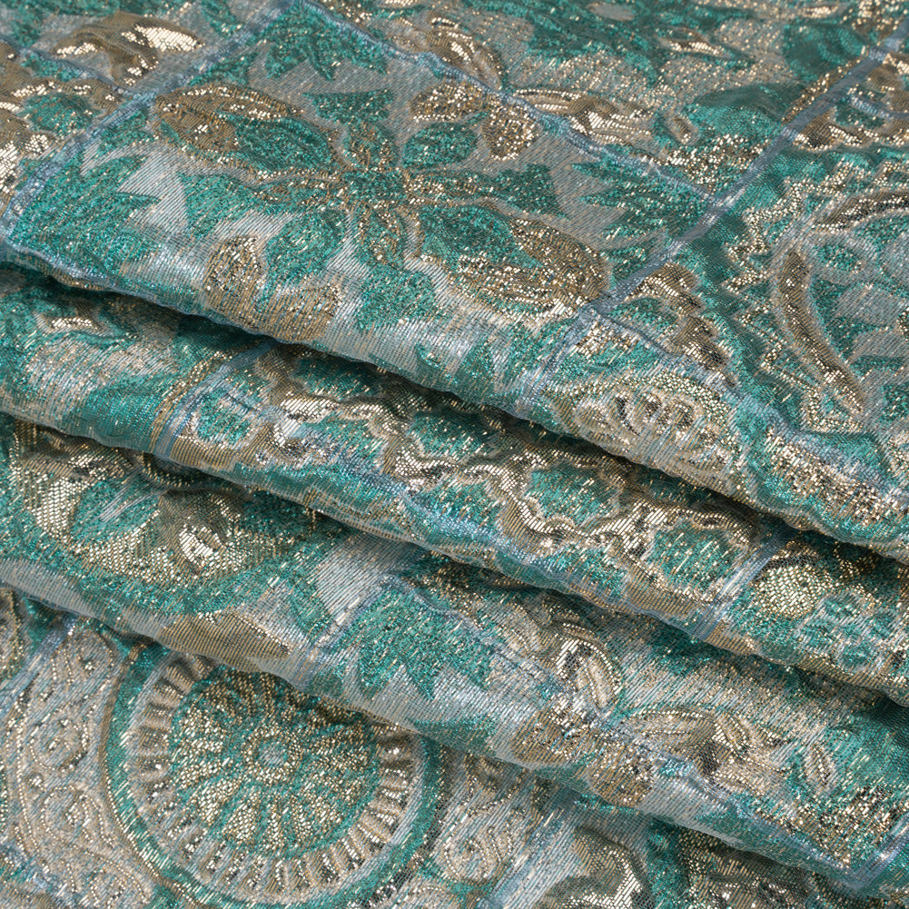 Metallic Polyester Brocade - Teal, Sage and Gold Fancy Tiles - Deadstock Folded