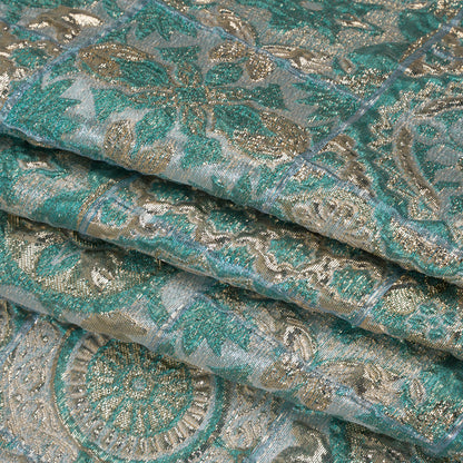 Metallic Polyester Brocade - Teal, Sage and Gold Fancy Tiles - Deadstock Folded