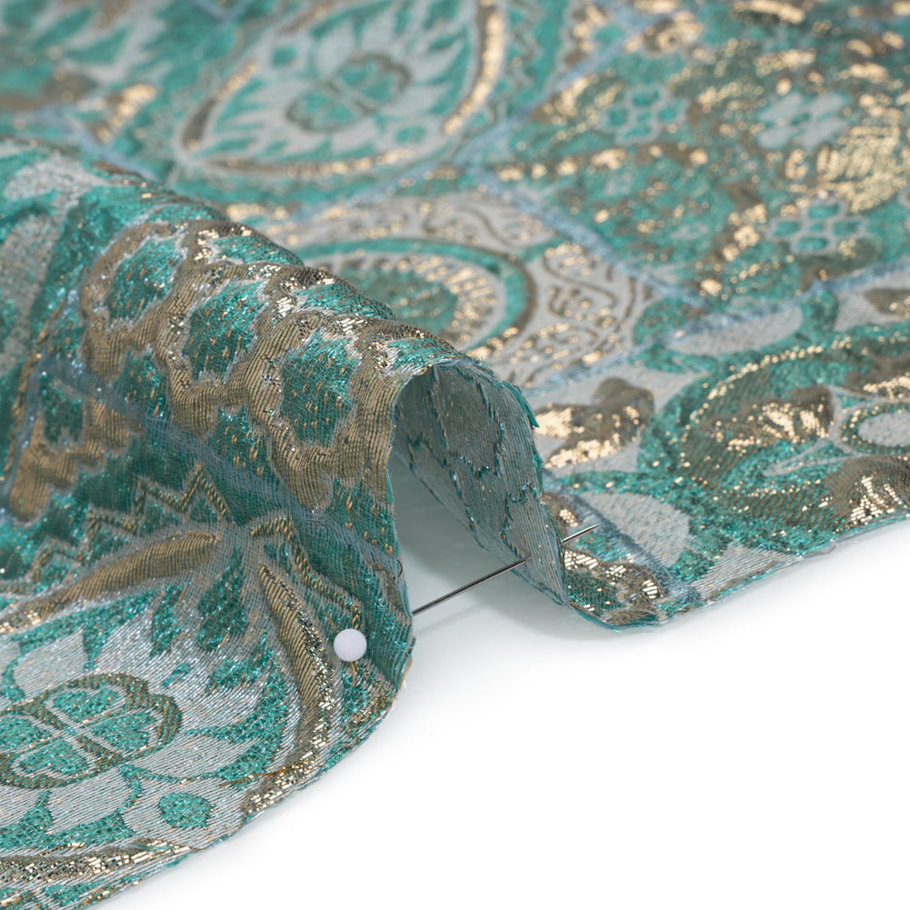 Metallic Polyester Brocade - Teal, Sage and Gold Fancy Tiles - Deadstock Detail