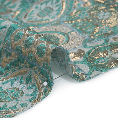 Metallic Polyester Brocade - Teal, Sage and Gold Fancy Tiles - Deadstock Detail