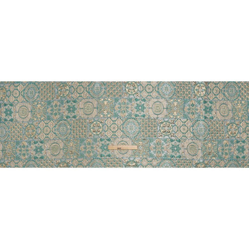 Metallic Polyester Brocade - Teal, Sage and Gold Fancy Tiles - Deadstock - Full