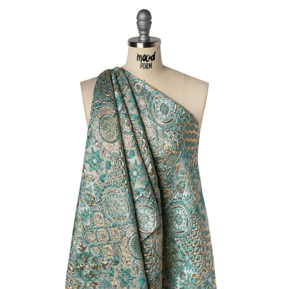 Metallic Polyester Brocade - Teal, Sage and Gold Fancy Tiles - Deadstock Drape
