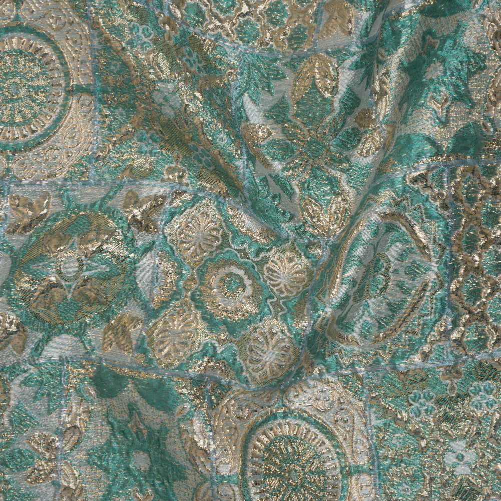 Metallic Polyester Brocade - Teal, Sage and Gold Fancy Tiles - Deadstock