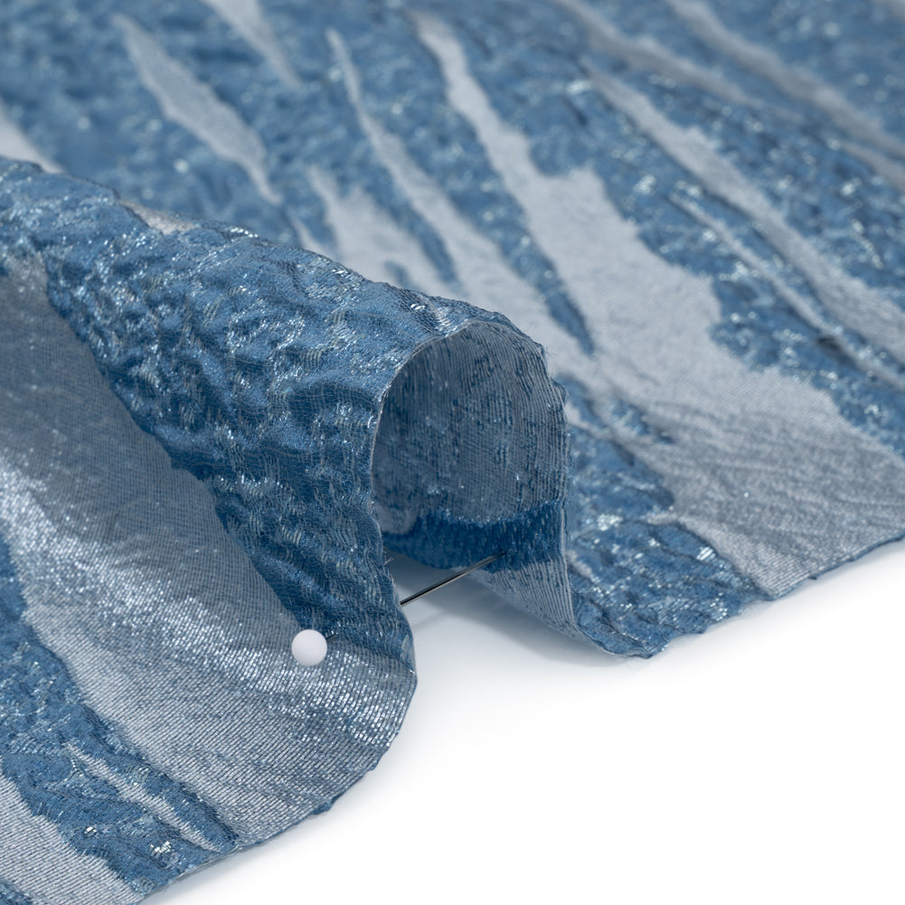 Metallic Polyester Brocade - Country Blue and Sky Ripples - Deadstock Detail